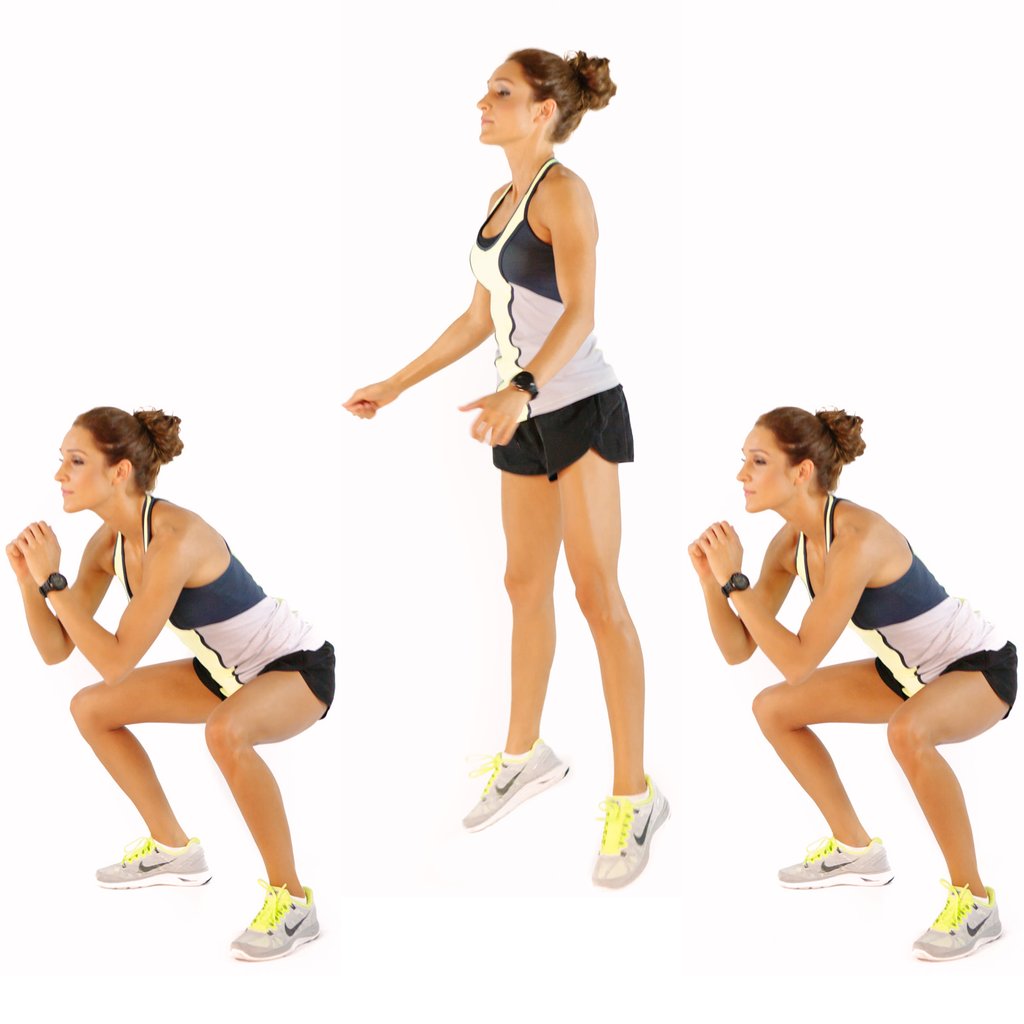 Nhảy jump squats khởi động trước khi chạy bộ bằng máy